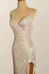 Straps Champagne Sequin Mermaid Long Dress with Slit