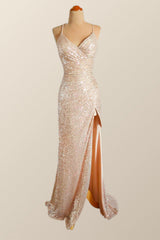 Straps Champagne Sequin Mermaid Long Dress with Slit