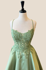 Straps Sage Green Appliques Satin A-line Formal Gown