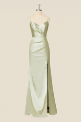 Straps Sage Green Satin Long Formal Dress
