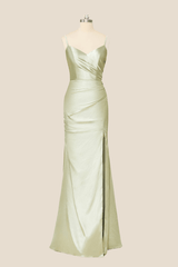 Straps Sage Green Satin Long Formal Dress