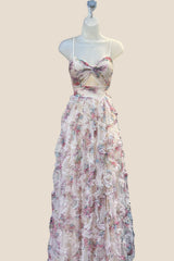 Twist Champagne Floral A-line Ruffle Gown