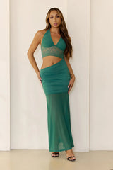 Icon Muse Halter Mesh Lace Maxi Dress Green
