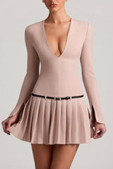 Long-Sleeve Pleated Mini Dress in Mushroom
