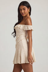 Off-Shoulder Lace A-Line Mini Dress in Ivory