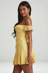 Off-Shoulder Lace A-Line Mini Dress in Pastel Yellow