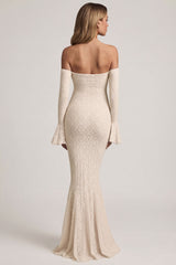 Off-Shoulder Ruffle Lace Maxi Dress in Ivory