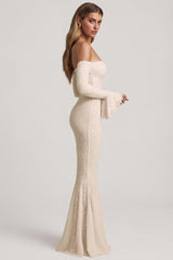Off-Shoulder Ruffle Lace Maxi Dress in Ivory