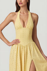 Modal Broderie Anglaise Halterneck Midaxi Dress in Lemon Yellow