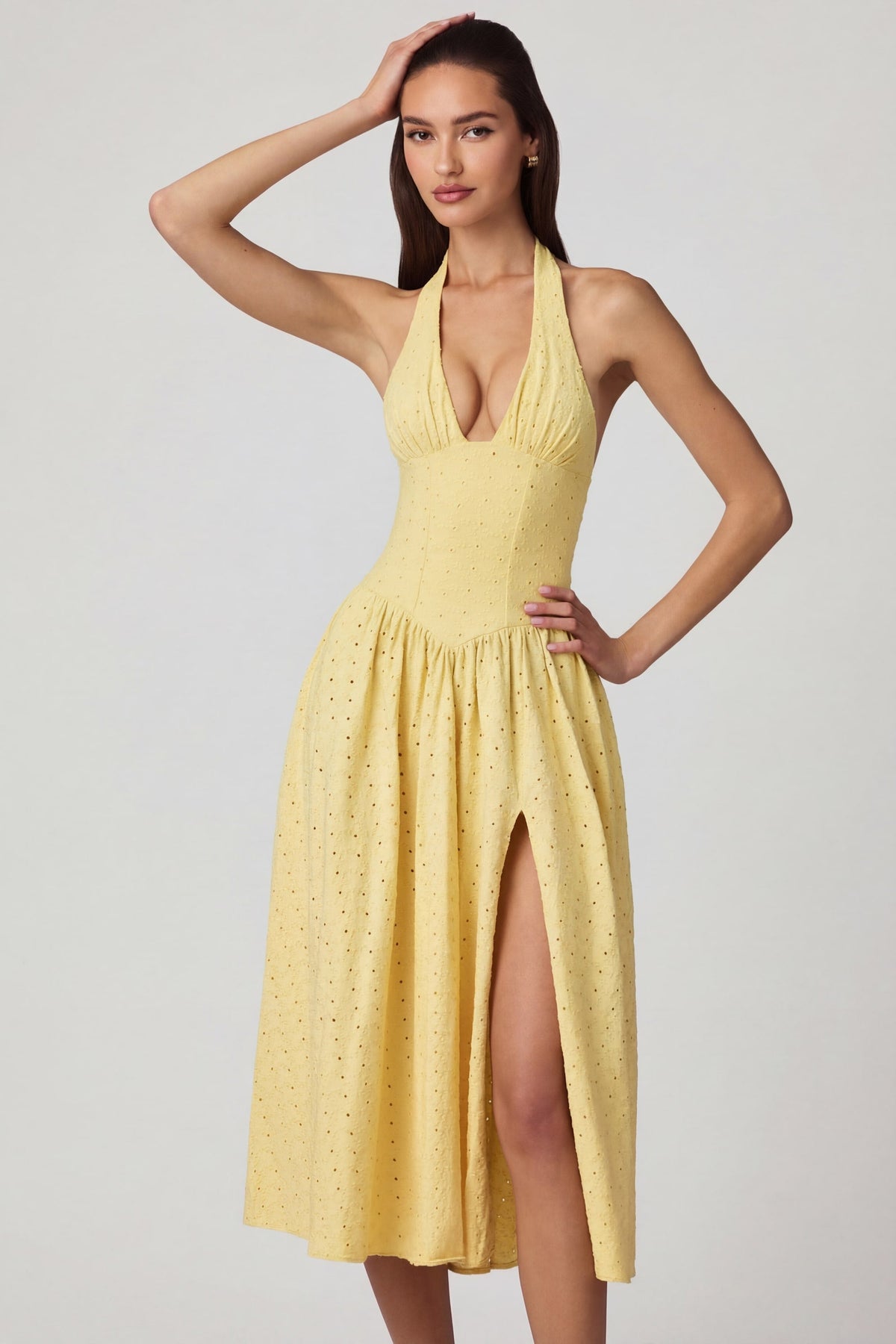 Modal Broderie Anglaise Halterneck Midaxi Dress in Lemon Yellow