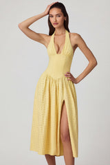 Modal Broderie Anglaise Halterneck Midaxi Dress in Lemon Yellow