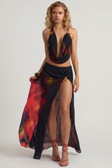 Mid-Rise Split Maxi Skirt in Red Blurred Print