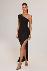 Modal Asymmetric Ruched Maxi Dress in Black