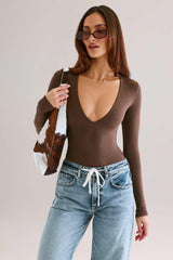 Modal Plunge Long-Sleeve Bodysuit in Chocolate Brown