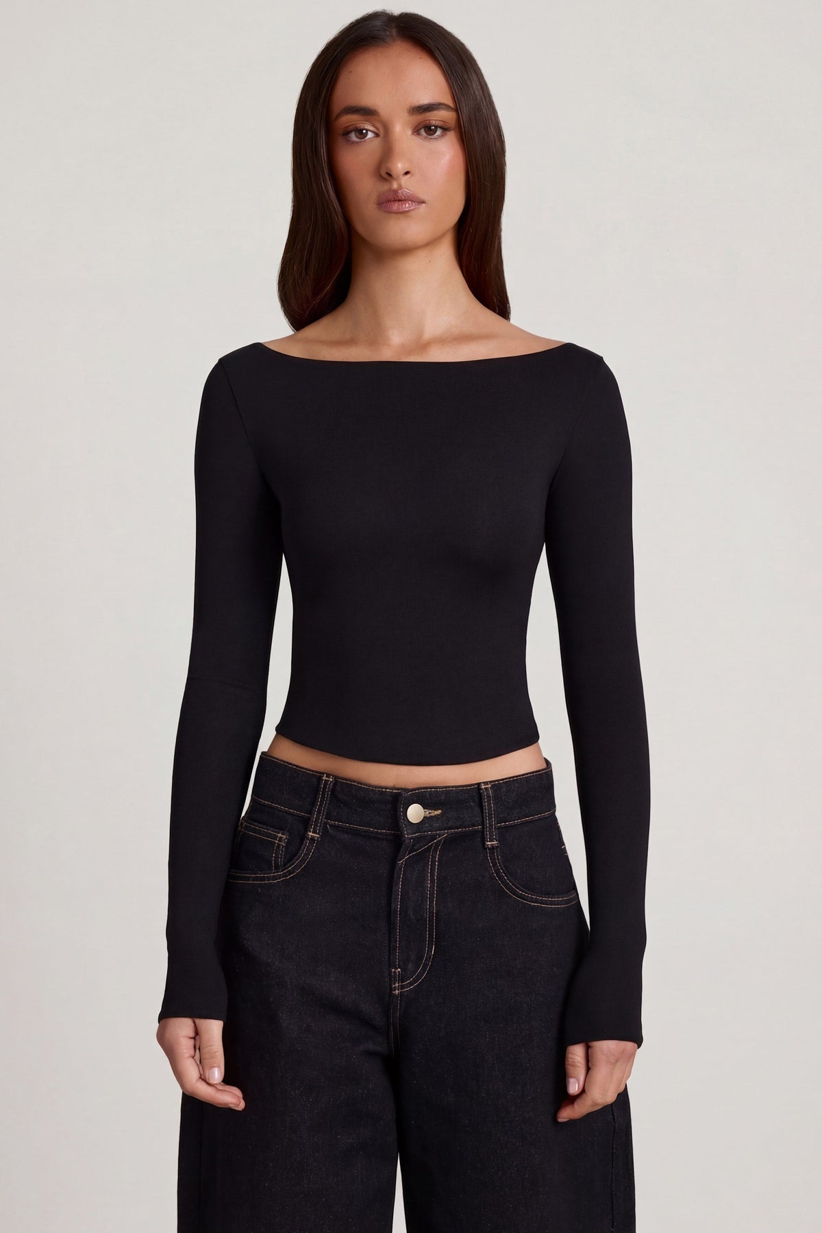 Modal Boat-Neck Long-Sleeve Top in Black