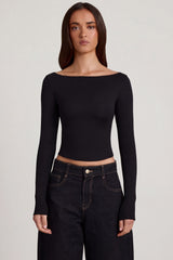 Modal Boat-Neck Long-Sleeve Top in Black