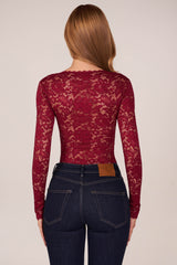 Long-Sleeve Laced Bodysuit in Wine
