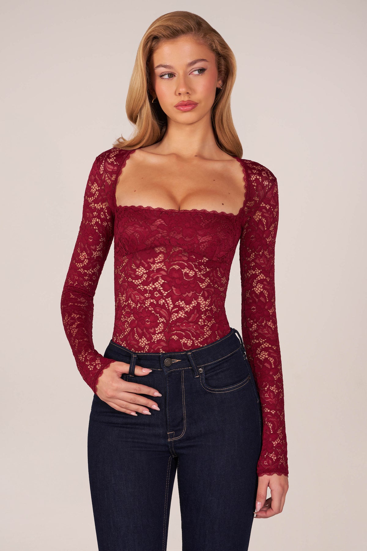 Long-Sleeve Laced Bodysuit in Wine