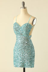 Straps Mint Green Sequin Tight Mini Dress