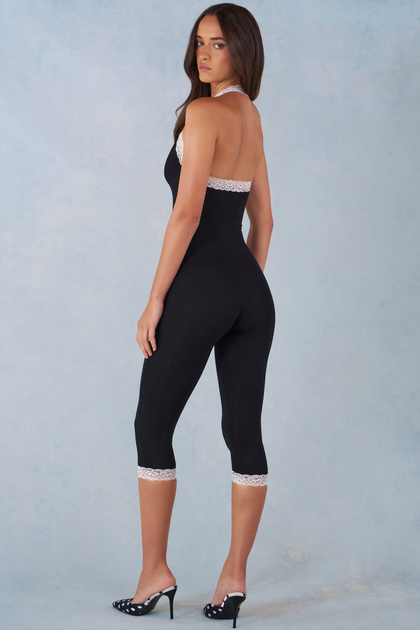 Modal Lace-Trim Capri Jumpsuit  in Black