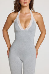 Modal Lace-Trim Capri Jumpsuit in Grey Marl