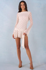 Long-Sleeve Open-Back Mini Dress in Ivory Polka Dot Print