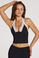 Modal Lace-Trim Halterneck Top in Black