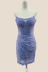Strapless Light Purple Lace Tight Mini Dress