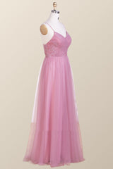 Straps Blush Pink Pleated Tulle Long Bridesmaid Dress