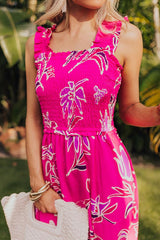 Happy Blooms Smocked Midi in Hot Pink
