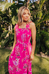 Happy Blooms Smocked Midi in Hot Pink
