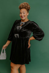 Bows And Kisses Velvet Mini Dress in Black Curves