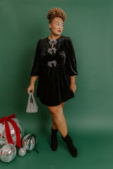 Bows And Kisses Velvet Mini Dress in Black Curves