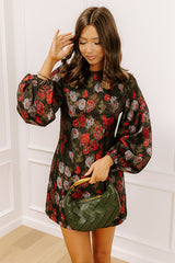 Moonlit Rose Garden Jacquard Mini Dress in Black