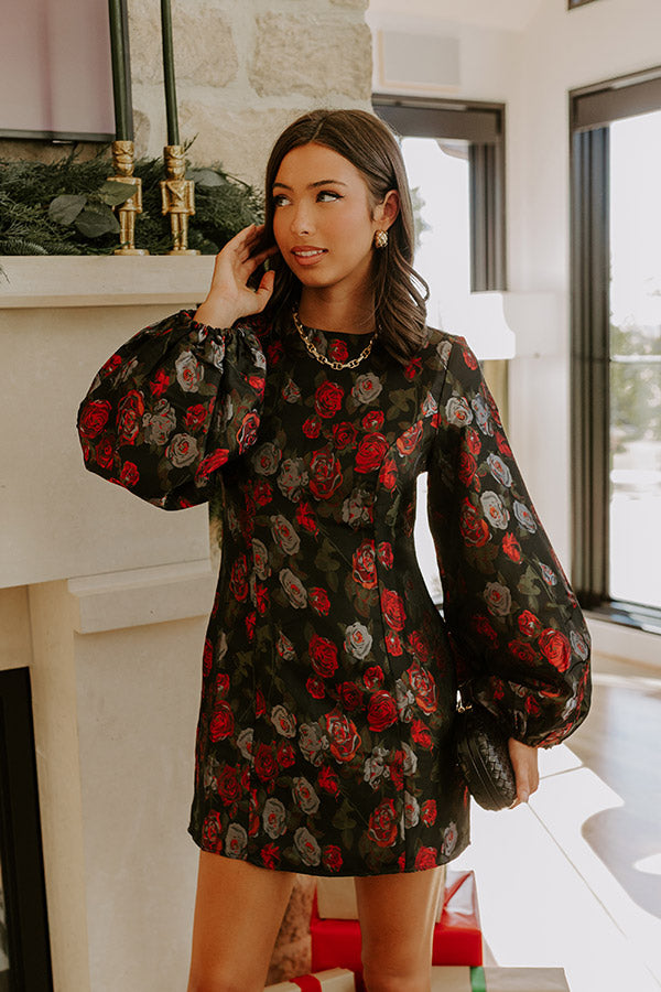 Moonlit Rose Garden Jacquard Mini Dress in Black