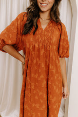 Apple Cider Sippin Jacquard Midi Dress in Rust