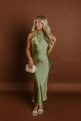 Glitz And Glam Satin Midi Dress in Olive