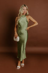 Glitz And Glam Satin Midi Dress in Olive