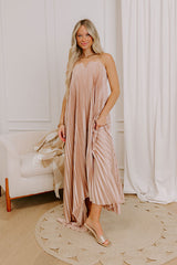 Moonlit Waltz Satin Pleated Maxi Dress in Champagne