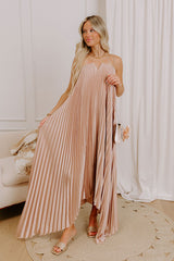 Moonlit Waltz Satin Pleated Maxi Dress in Champagne