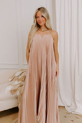 Moonlit Waltz Satin Pleated Maxi Dress in Champagne