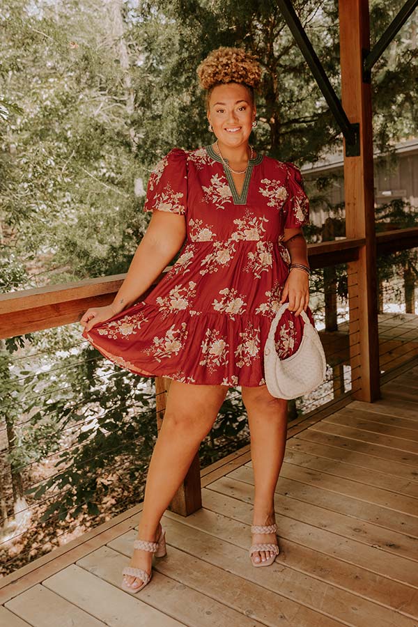 The Sunday Stroll Floral Mini Dress in Brick Red Curves