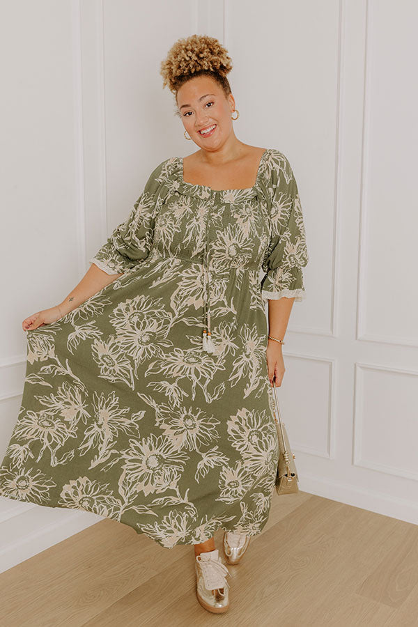 Sunflower Fields Smocked Midi Dress in Olive Curves