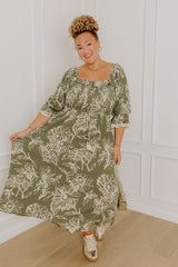 Sunflower Fields Smocked Midi Dress in Olive Curves