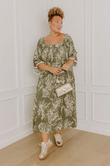 Sunflower Fields Smocked Midi Dress in Olive Curves
