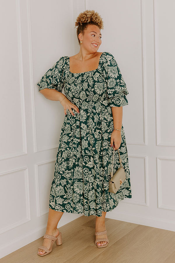 Mystic Garden Floral Smocked Midi Dress in Hunter Green Curves