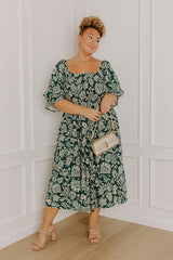 Mystic Garden Floral Smocked Midi Dress in Hunter Green Curves