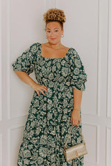Mystic Garden Floral Smocked Midi Dress in Hunter Green Curves