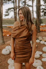 City Nights Faux Suede Asymmetrical Mini Dress in Camel