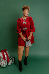 Bows And Kisses Velvet Mini Dress in Crimson Curves